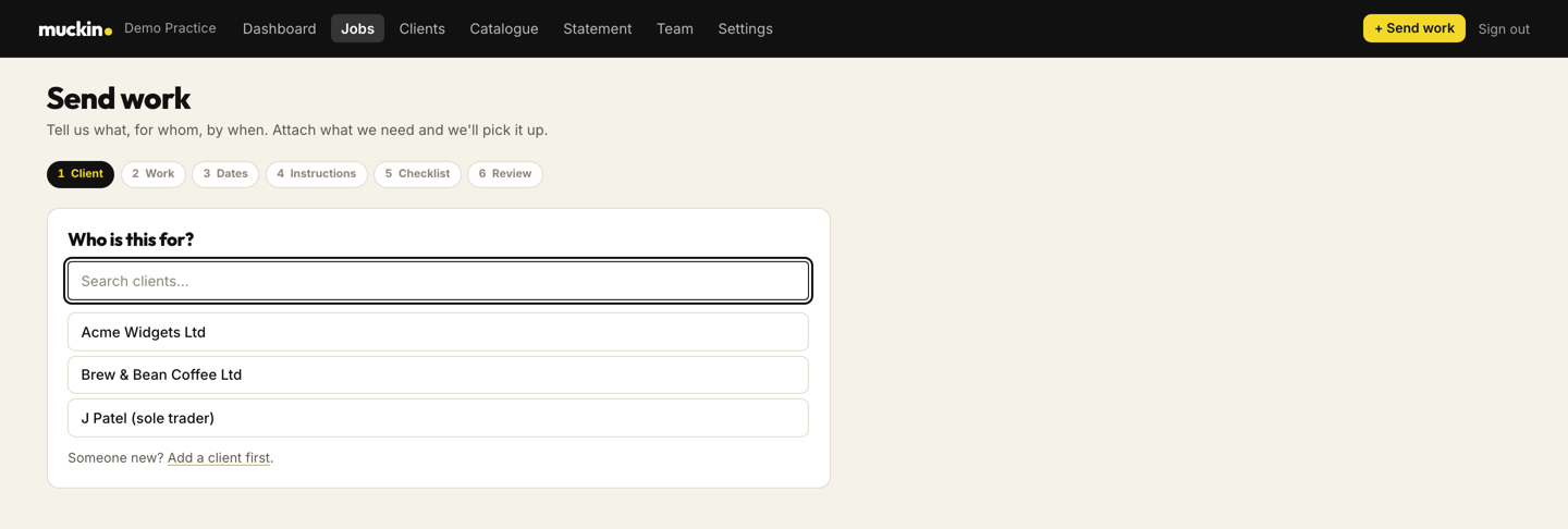 Raising a job: pick the client and job type, then fill the document checklist